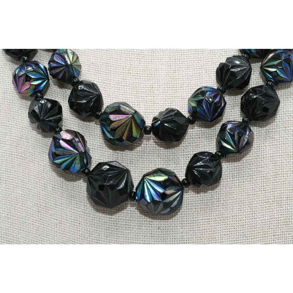 Vintage West Germany Black Iridescent Lucite Bead Necklace Double Strand